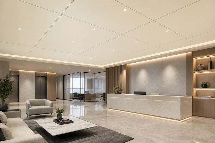 Modern office reception interior with ivory ACP sheet ceiling panels