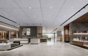Modern showroom interior with ACP sheet ceiling panels